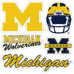 May include: A collection of die-cut stickers featuring the University of Michigan Wolverines logo and helmet. The stickers are in the team's colors of maize and blue, with various designs including the block M and the word "Michigan".