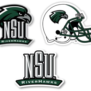 May include: Three different versions of the NSU Riverhawks logo. The first logo features a green and gray eagle head with the text "NSU Riverhawks" below. The second logo is a white football helmet with a green eagle head and facemask. The third logo is a gray and silver "NSU" with the text "Riverhawks" in a green arch below.