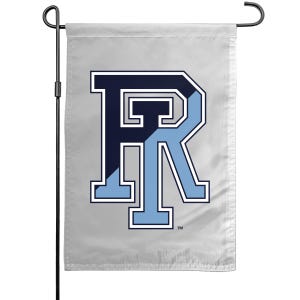 May include: A light gray garden flag featuring a large, stylized letter "R". The letter is divided vertically, with the left side in navy blue and the right side in light blue, both outlined in white. The flag is mounted on a black metal pole.