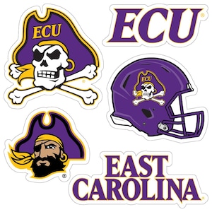 May include: A collection of stickers featuring the East Carolina University (ECU) Pirates logo. The stickers include the ECU logo, a pirate skull with crossed bones, a pirate helmet, and the words "East Carolina". The primary colors are purple, gold, and white.