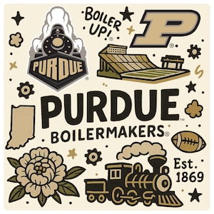 May include: A square sticker featuring Purdue University graphics in black, gold, and cream. Elements include a train, the Purdue P logo, Ross-Ade Stadium, a football, the state of Indiana, a flower, and text reading Boiler Up, Purdue Boilermakers, Est. 1869.