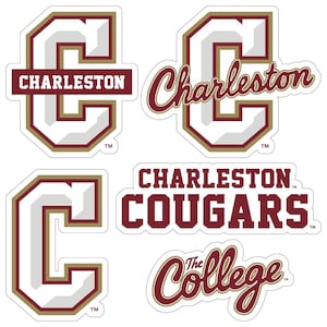 May include: A collection of white, maroon, and gold stickers featuring the word "Charleston" in various fonts and styles. Some stickers include the letter "C" with the word "Charleston" or "Cougars". One sticker says "The College".