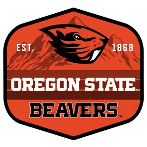 May include: A shield-shaped sticker with the Oregon State Beavers logo. The logo features a beaver head in black and orange, with the words "OREGON STATE" and "BEAVERS" in white and black, respectively. The sticker is orange and has the text "EST. 1868".