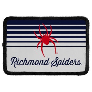 May include: A rectangular patch with a black stitched border. The top half features horizontal navy blue and white stripes. A red spider graphic is centered. The bottom half is white with the navy blue text Richmond Spiders in script.