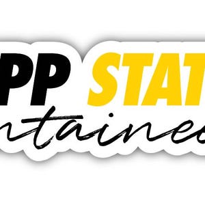 May include: A white sticker with the words "APP STATE Mountaineers" in black and yellow. The sticker has a floral design with yellow flowers and green stems.