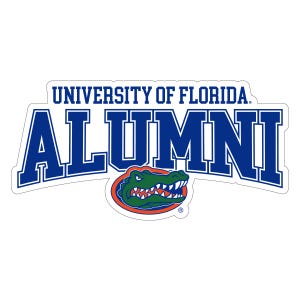May include: A sticker with the text "UNIVERSITY OF FLORIDA ALUMNI" in blue, with a white outline. The sticker features the University of Florida Gators logo, a green alligator with orange and blue accents.