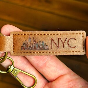 a person holding a keychain with a picture of a city on it