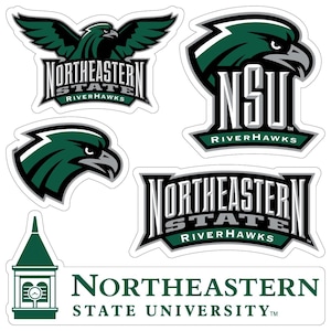 May include: A collection of Northeastern State University RiverHawks stickers. The stickers feature the school's logo, including a green and black eagle, the words "Northeastern State RiverHawks", and the abbreviation "NSU".