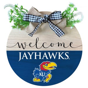 Kansas Jayhawks Wooden Wreath Welcome Sign 11.75&quot; Diameter Officially Licensed Collegiate Product