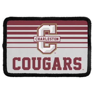 May include: A rectangular patch with a black stitched border featuring a maroon and white striped background. It displays a large white letter C with a maroon outline, the word CHARLESTON inside a maroon bar, and the word COUGARS in maroon text.
