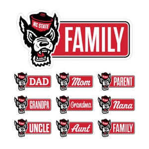 May include: A collection of red and white stickers featuring the NC State Wolfpack logo. The stickers include the word "FAMILY" and labels for family members such as "DAD," "Mom," "Grandpa," "Grandma," "Uncle," and "Aunt."