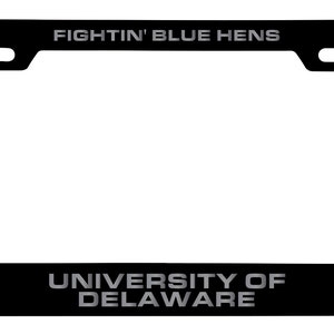 May include: Black license plate frame with the text "FIGHTIN' BLUE HENS" at the top and "UNIVERSITY OF DELAWARE" at the bottom. The frame has two cutouts at the top and a logo of a blue hen on each side.