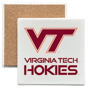 May include: A square white coaster with a cork backing featuring the maroon and orange Virginia Tech Hokies VT logo printed on the front, along with the text VIRGINIA TECH HOKIES in maroon lettering below the logo, all displayed on a white background.