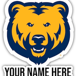 May include: A blue and gold bear head mascot with a fierce expression. The bear's head is outlined in white and the text "YOUR NAME HERE" is below the bear.