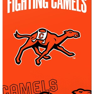 May include: Orange metal sign featuring the words "CAMPBELL UNIVERSITY FIGHTING CAMELS" in white. The sign has a running camel logo in orange and black. The word "CAMELS" is also displayed at the bottom.