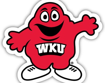 May include: A red cartoon mascot with a big smile and the letters "WKU" on its chest. The mascot is wearing white shoes and has a friendly expression.