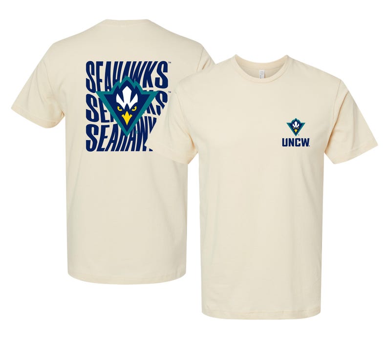 North Carolina Wilmington Seahawks Unisex T-Shirt – Left Chest and Large Back Ripple Design Natural
