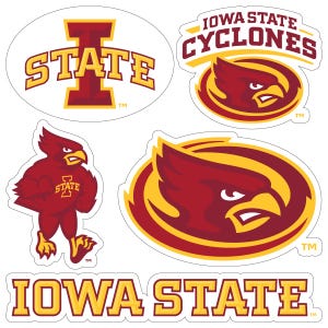 May include: A collection of Iowa State Cyclones stickers. Designs include the Iowa State logo, the word "STATE" with a large "I", the words "IOWA STATE CYCLONES", and a cardinal mascot. The stickers are red, gold, and white.