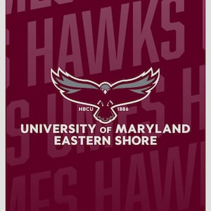 May include: A maroon graphic poster featuring the text UMES HAWKS in large letters. Centered is a stylized hawk emblem with the text HBCU 1886 below it. The bottom text reads UNIVERSITY OF MARYLAND EASTERN SHORE in white capital letters.