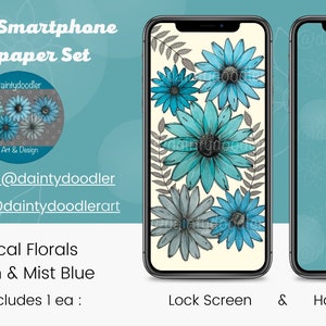 Tropical Floral Series in Cream & Mist Blue - Digital Smartphone Wallpaper