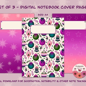 May include: Set of three digital notebook cover pages in A4 size. The covers feature a Christmas theme with a white background and a pattern of green, pink, and teal ornaments, candy canes, and bells. The covers are designed for use with Goodnotes, Notability, and other note-taking apps.