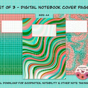 Puede incluir: Conjunto de tres páginas de portada de cuaderno digital en tamaño A4. Las portadas presentan un patrón de cuadros verde y rosa, un patrón ondulado verde y rosa y un patrón de mosaico verde y rosa. Las portadas están diseñadas para su uso con Goodnotes, Notability y otras aplicaciones para tomar notas.