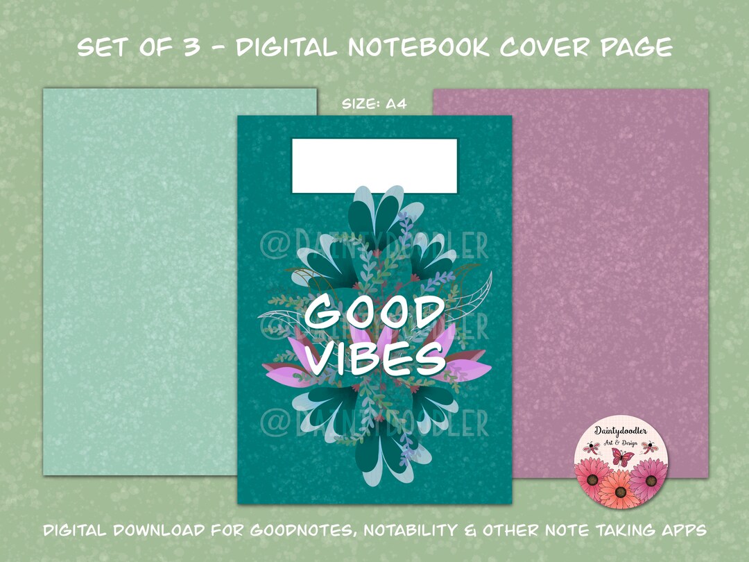 Set of 3 Digital Notebook Cover Page Good Vibes Teal Etsy