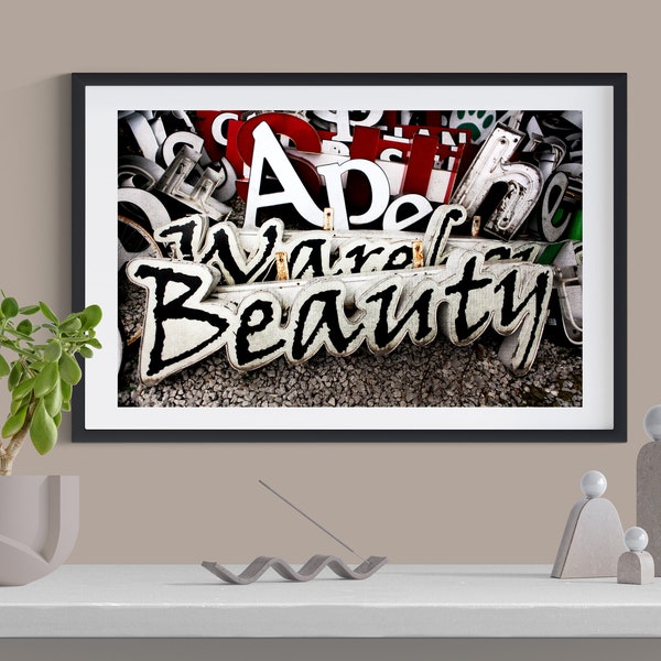 Printable - Vintage Retro Neon Sign Beauty Salvage Yard Print Digital Download - Wall Art, Home Decor, Bedroom, Bathroom