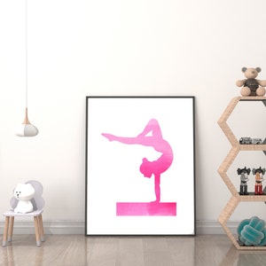 Gymnast Gymnastics Handstand Beam Silhouette - Pink Watercolor Poster - Art Print - Wall Art - Home Decor - Bedroom - Digital Download