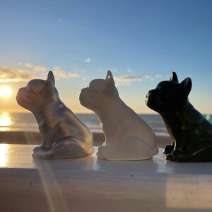 Könnte beinhalten: Drei Keramikfiguren von französischen Bulldoggen, eine silberne, eine weiße und eine schwarze, nebeneinander auf einer weißen Oberfläche sitzend.