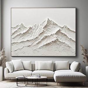 May include: White abstract painting of a mountain range with a textured, 3D effect.