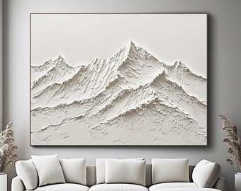 Original 3D White Mountain Painting on Canvas Framed Plaster Style Textured Wall Art Ivory Wabi-Sabi Living Room Decor Boho Modern Canvas