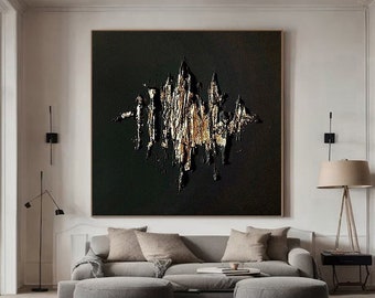 Pintura negra y dorada, pintura mural moderna, regalos personalizados, pintura dorada, arte texturizado negro, arte mural dorado.