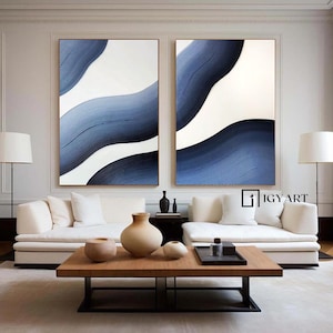 Set Of 2 blue abstract Painting Set Of 2 blue and white abstract wall art Set Of 2 blue and white Minimalist Painting Set Of 2 blue wall art