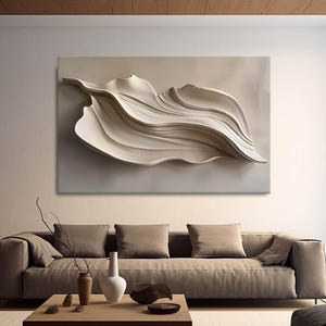 Hand-Painted Wood Carving Wall Art: Beige Grey 3D Textured Sculpture