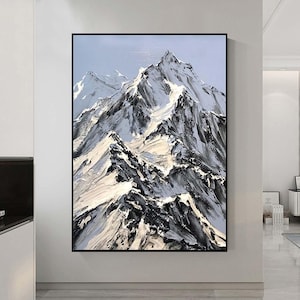 Large Black and White Snow mountain Abstract Painting Black and White mountain painting Black and White mountain Textured Painting