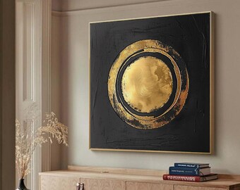 Arte de pared en negro y oro, arte de pared con marco dorado, arte de pared negro, arte en lienzo negro y dorado, pintura sobre lienzo negro y dorado.