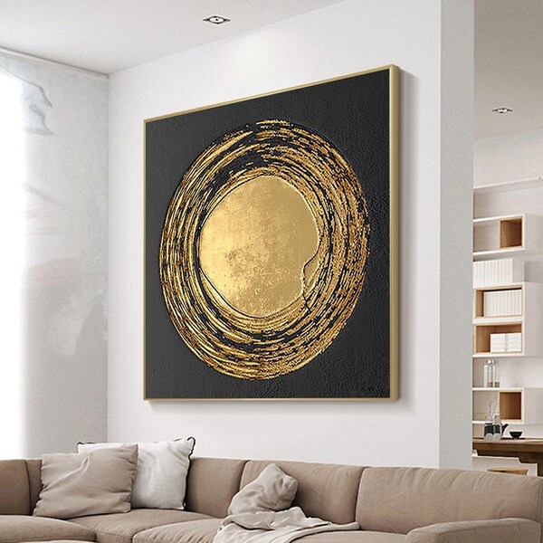 Black Gold White Original Abstract Painting on Canvas Gold Leaf Canvas