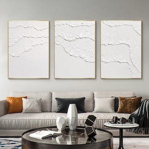 white abstract wall art White textured wall art Set of 3 white wall art white painting white 3d wall art Set of 3 white textured painting imagem 2