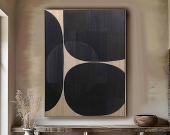 Black Abstract Painting on Canvas, Minimalist Wabi Sabi Wall Art