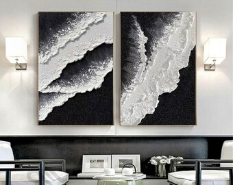 Set of 2 Black and white Textured wall Art Set of 2 Black and white Abstract Art Set of 2 Black and white plaster wall art