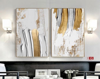 Gold and white Abstract Art Set Of 2 Golden Abstract Painting Set Of 2 Gold Abstract art Golden Textured Art Golden and Black Wall Art