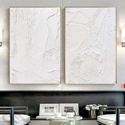 White Textured Wall Art White Abstract Art Set of 2 White Etsy