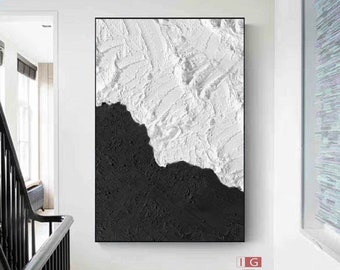 Black and White Textured Abstract Painting, Framed Minimalist Wall Art