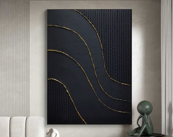 Large Black Abstract Painting Black and gold Textured wall art Black 3D Textured Painting Black Minimalist painting Black Abstract wall art