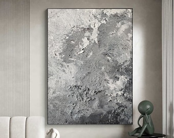 Large Grey Textured Abstract Painting, Minimalist Plaster Wall Art