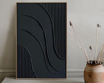 Pintura texturizada 3D negra, arte mural abstracto minimalista