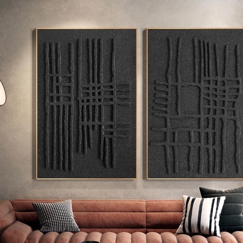 Black Abstract Painting Black 3D Textured Art Set of 2 Black Etsy