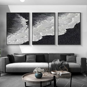 Set of 3 Black and white waves textured Wall Art Set of 3 Black textured Wall Art Black and white waves Abstract painting