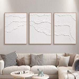 arte de pared abstracto blanco Arte de pared texturizado blanco Conjunto de 3 arte de pared blanco pintura blanca arte de pared 3d blanco Conjunto de 3 pinturas texturizadas blancas imagen 1